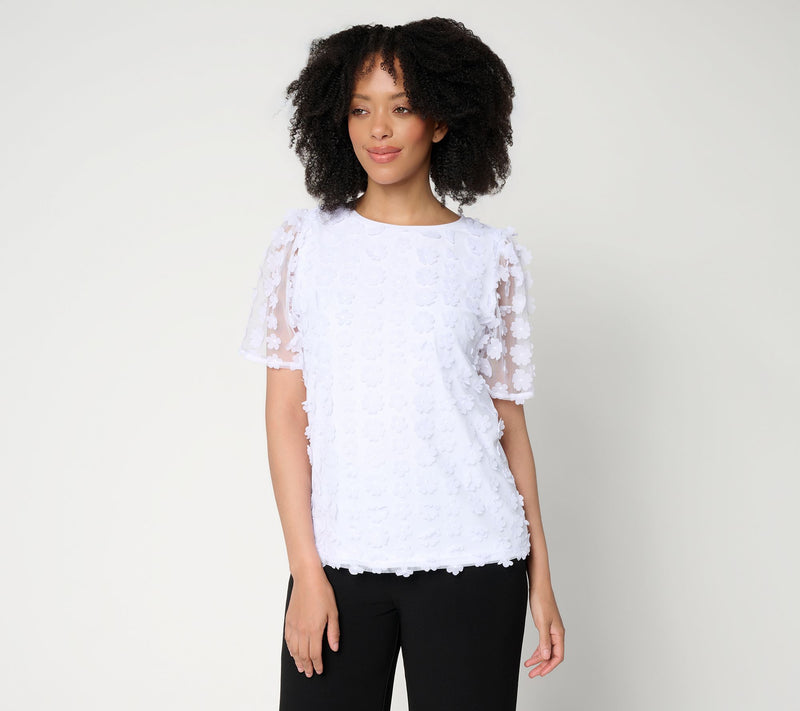 Dennis Basso Knit Top with Floral Mesh Overlay — View 12