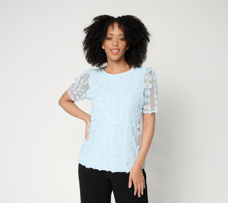 Dennis Basso Knit Top with Floral Mesh Overlay — View 13