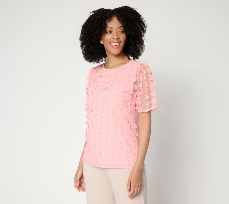 Dennis Basso Knit Top with Floral Mesh Overlay — View 14