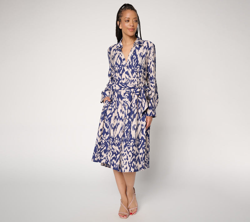 Dennis Basso Petite Drapy Ikat Button Front Shirt Dress — View 14
