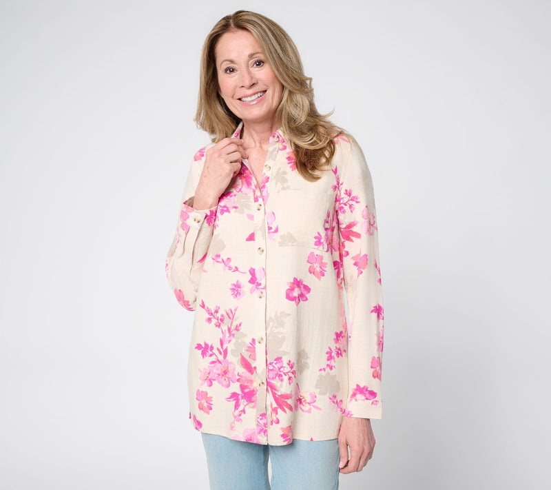 Belle by Kim Gravel Regular Riviera Linen Garden Floral Big Shirt — View 10