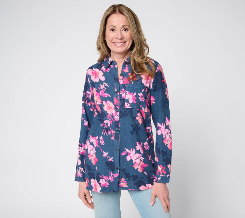 Belle by Kim Gravel Regular Riviera Linen Garden Floral Big Shirt — View 11