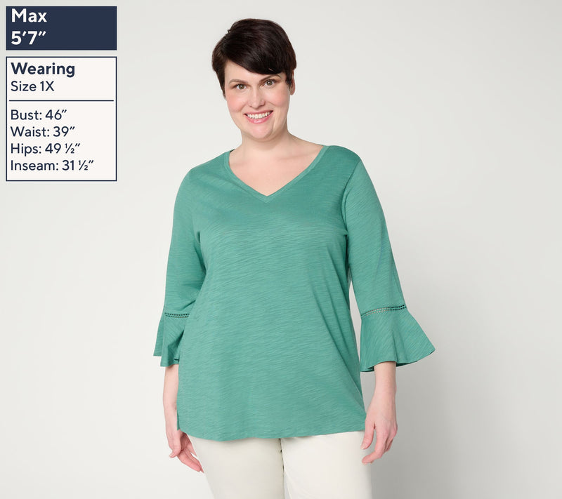 Belle by Kim Gravel Slub Knit Flutter Sleeve V Neck Top — View 2
