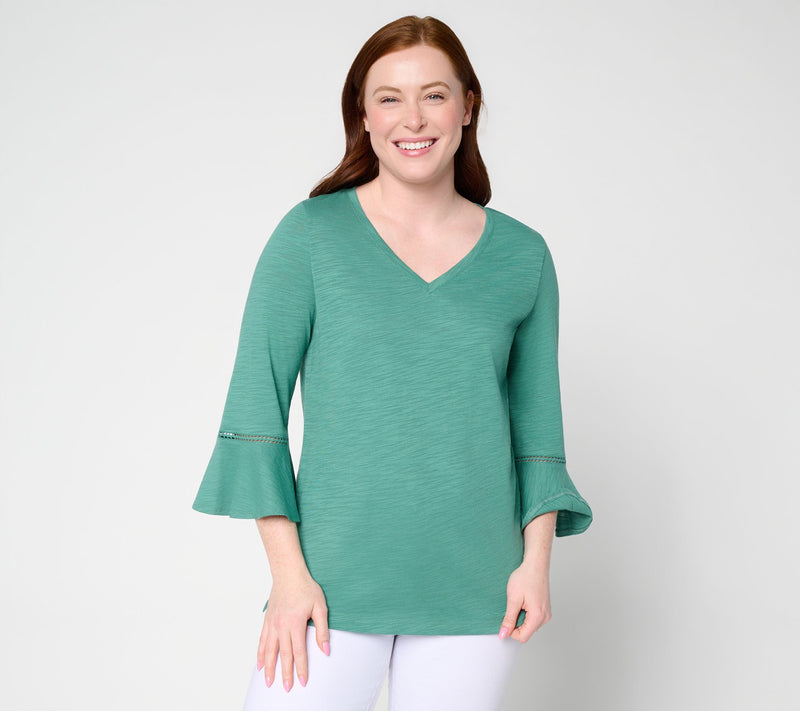 Belle by Kim Gravel Slub Knit Flutter Sleeve V Neck Top — View 12