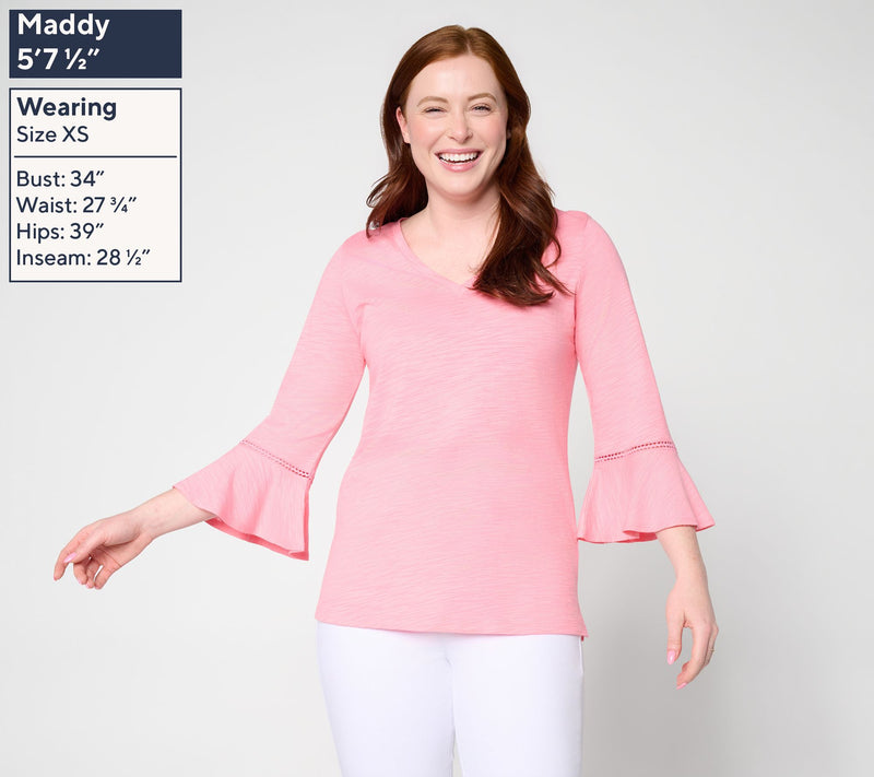 Belle by Kim Gravel Slub Knit Flutter Sleeve V Neck Top — View 3