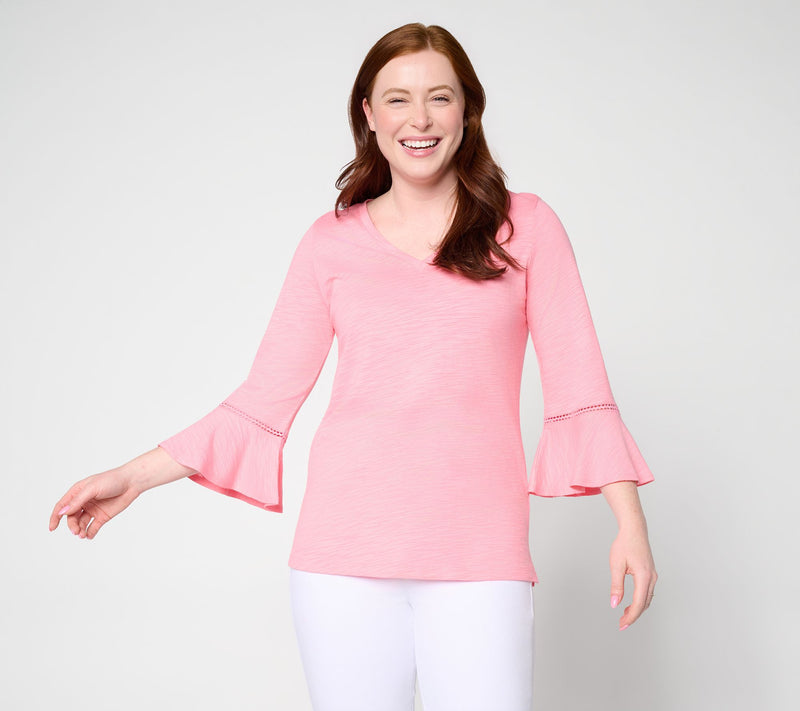 Belle by Kim Gravel Slub Knit Flutter Sleeve V Neck Top — View 14