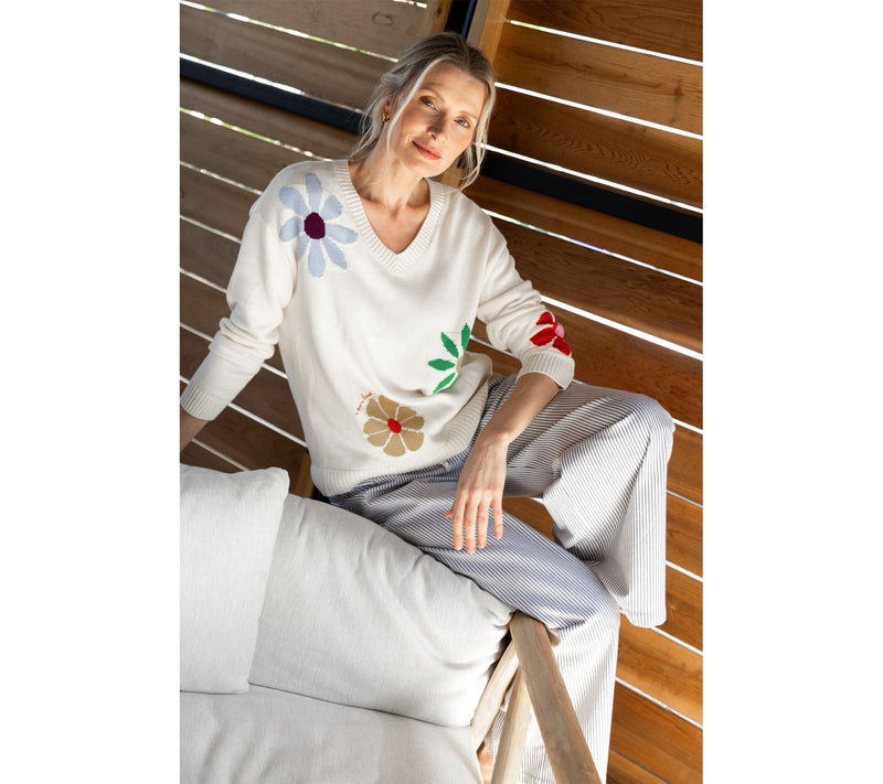 Peace Love World Garden Party Motif Cotton V-Neck Sweater — View 11