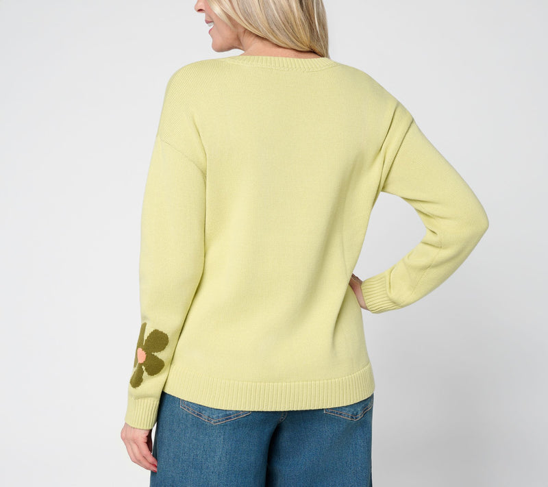 Peace Love World Garden Party Motif Cotton V-Neck Sweater — View 8