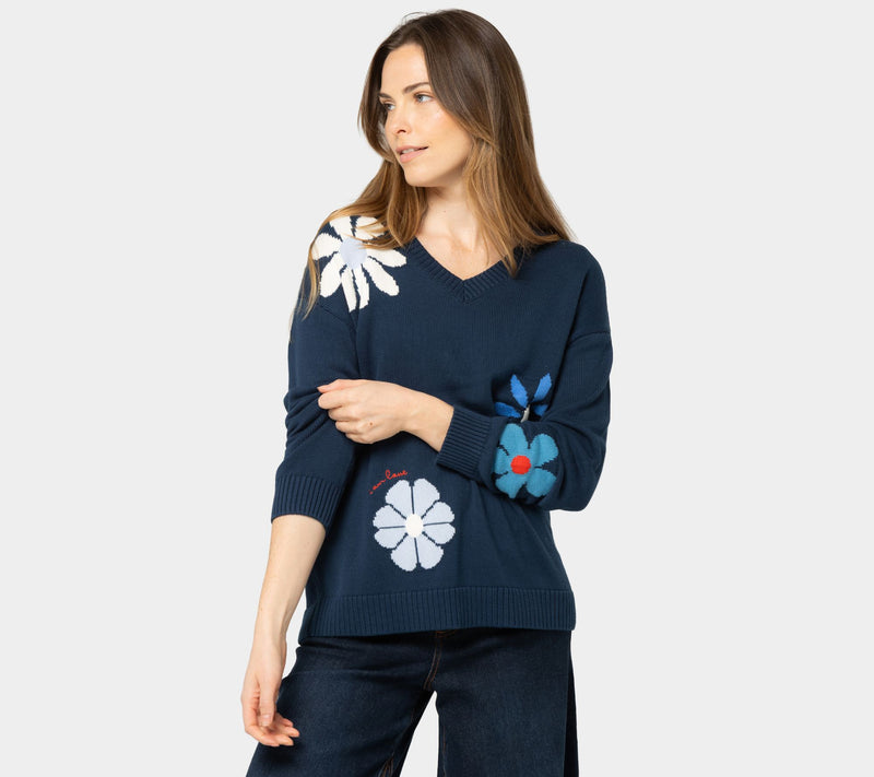 Peace Love World Garden Party Motif Cotton V-Neck Sweater — View 3