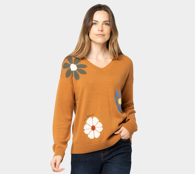 Peace Love World Garden Party Motif Cotton V-Neck Sweater — View 2