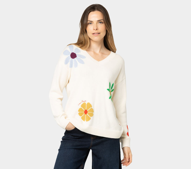 Peace Love World Garden Party Motif Cotton V-Neck Sweater — View 5