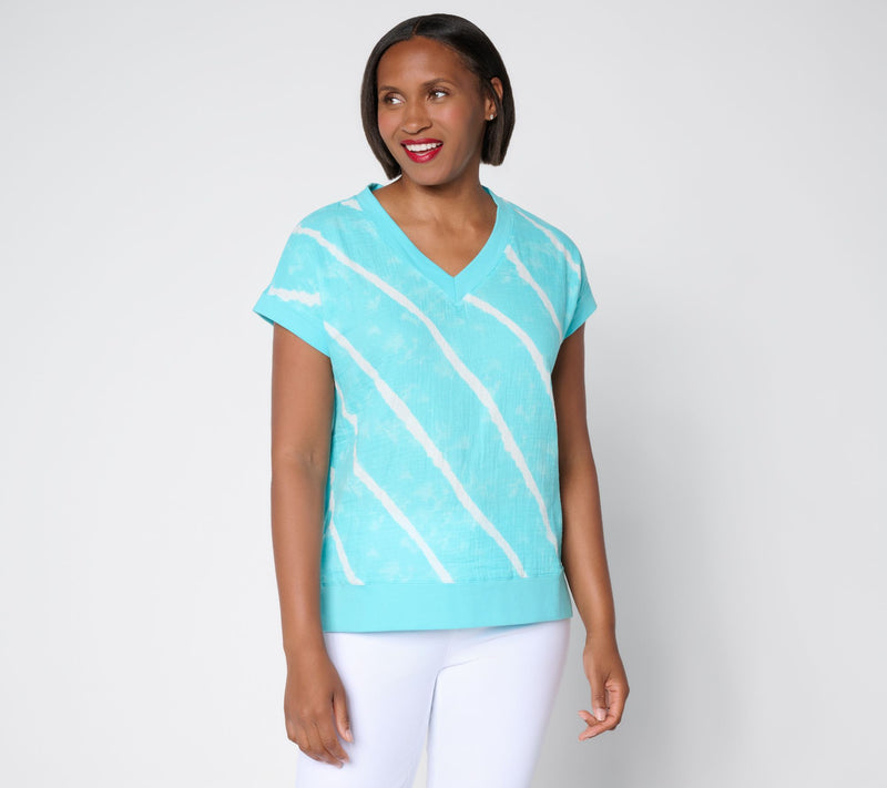 Belle Beach By Kim Gravel Gauze Front French Terry Back V Neck Top — View 13