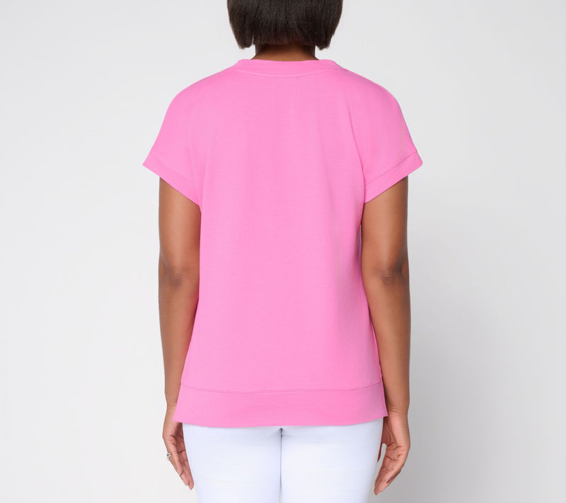 Belle Beach By Kim Gravel Gauze Front French Terry Back V Neck Top — View 8