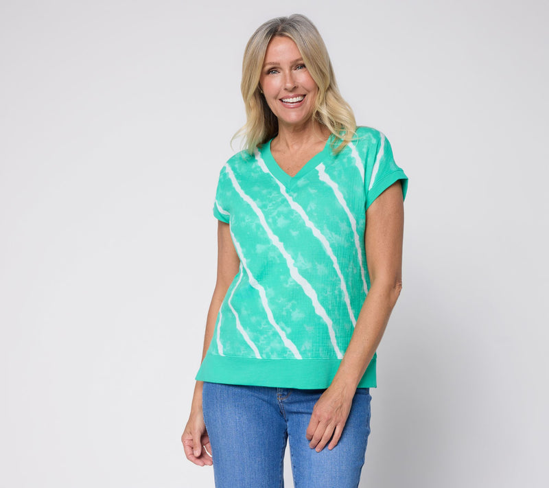 Belle Beach By Kim Gravel Gauze Front French Terry Back V Neck Top — View 3