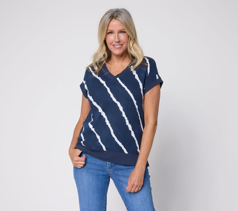 Belle Beach By Kim Gravel Gauze Front French Terry Back V Neck Top — View 5