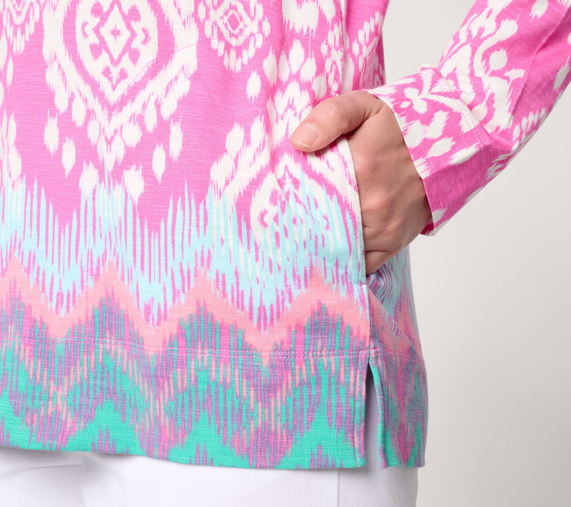 Belle Beach by Kim Gravel Slub Knit Ocean Ikat Border Print Hoodie — View 8