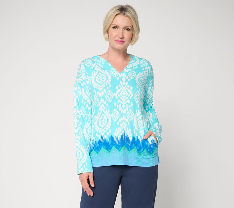 Belle Beach by Kim Gravel Slub Knit Ocean Ikat Border Print Hoodie — View 9