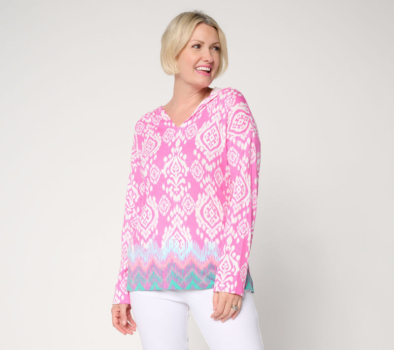 Belle Beach by Kim Gravel Slub Knit Ocean Ikat Border Print Hoodie — View 4