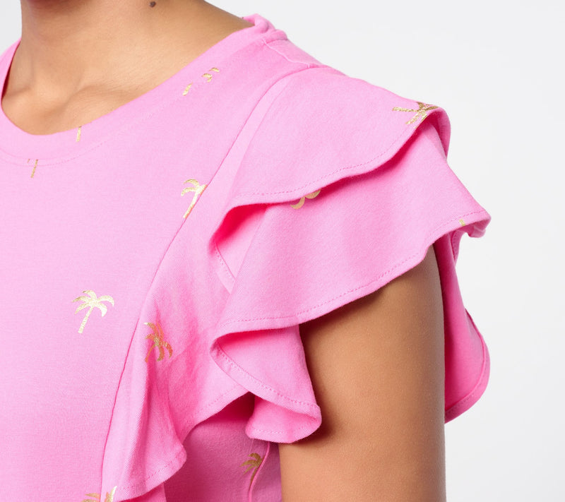 Belle Beach by Kim Gravel TripleLuxe Knit Foil Print Ruffle Top — View 9