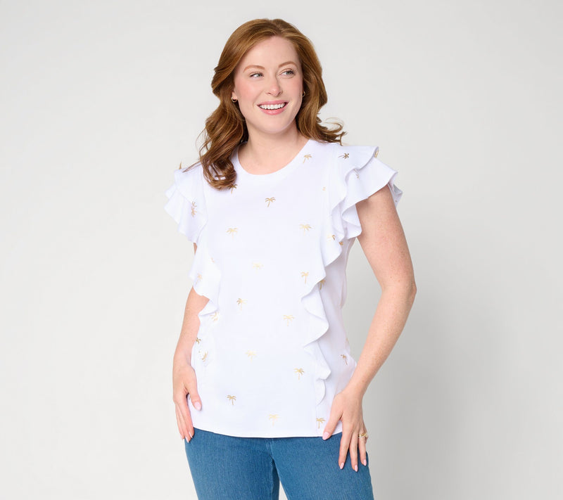 Belle Beach by Kim Gravel TripleLuxe Knit Foil Print Ruffle Top — View 3