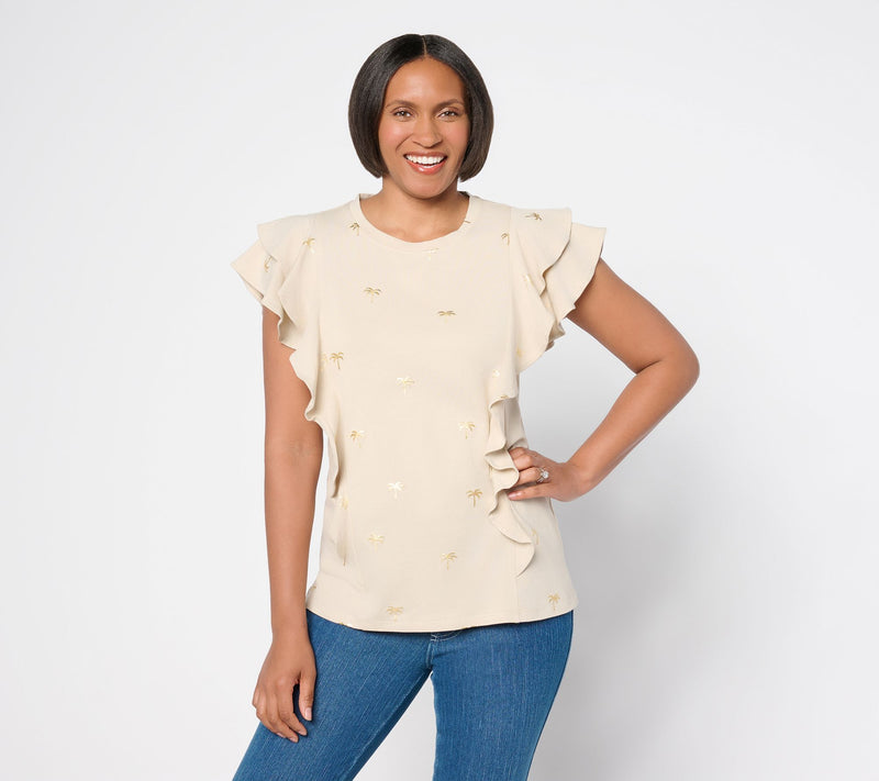Belle Beach by Kim Gravel TripleLuxe Knit Foil Print Ruffle Top — View 13