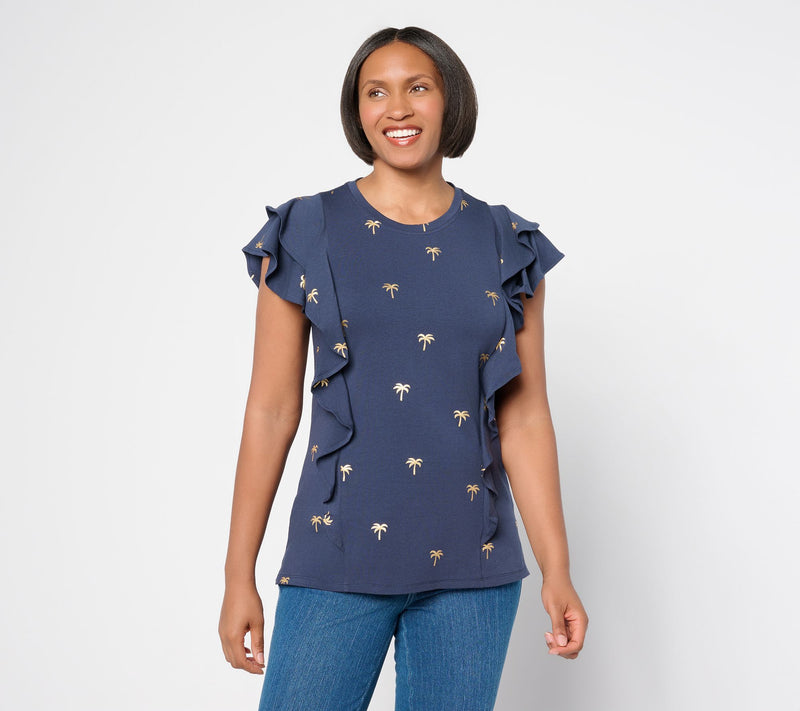 Belle Beach by Kim Gravel TripleLuxe Knit Foil Print Ruffle Top — View 14