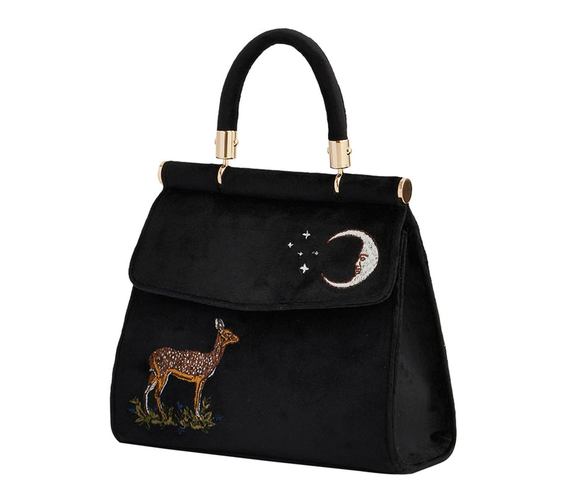 Fable England Embroidered Velvet Mini Black Tote Deer Moon — View 3