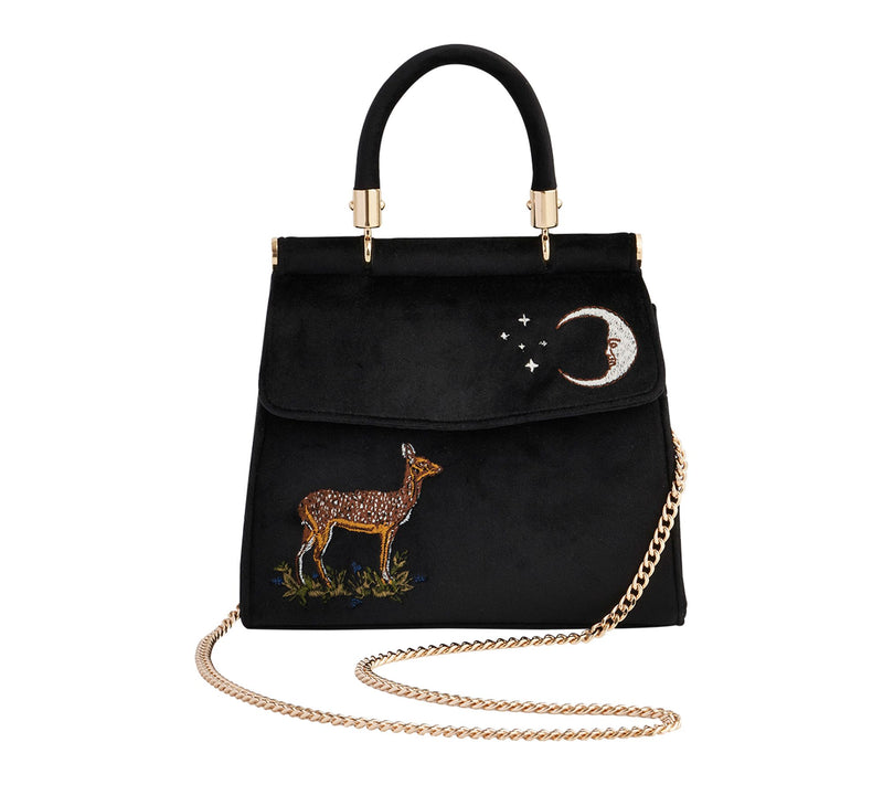 Fable England Embroidered Velvet Mini Black Tote Deer Moon — Main view