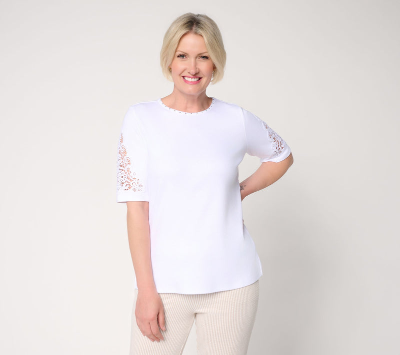 Quacker Factory Lace and Sparkle Elbow Sleeve Top — View 10