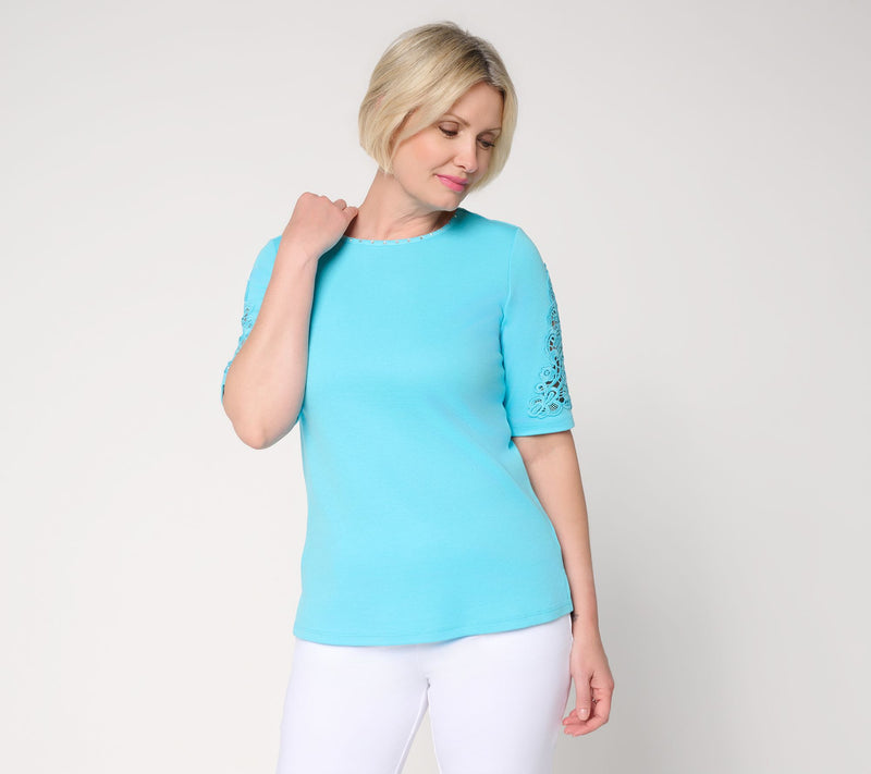 Quacker Factory Lace and Sparkle Elbow Sleeve Top — View 12