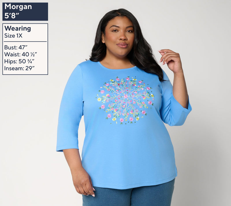 Quacker Factory Floral Mandala Embroidered 3/4 Sleeve Top — View 2