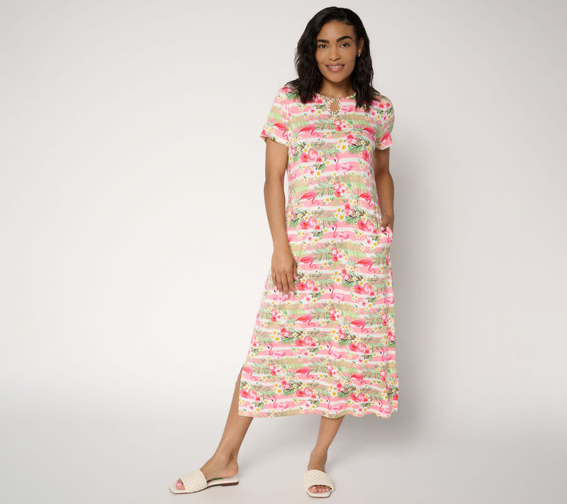 Quacker Factory Pink Flamingos Rhinestone Keyhole Printed Maxi Dress — View 9