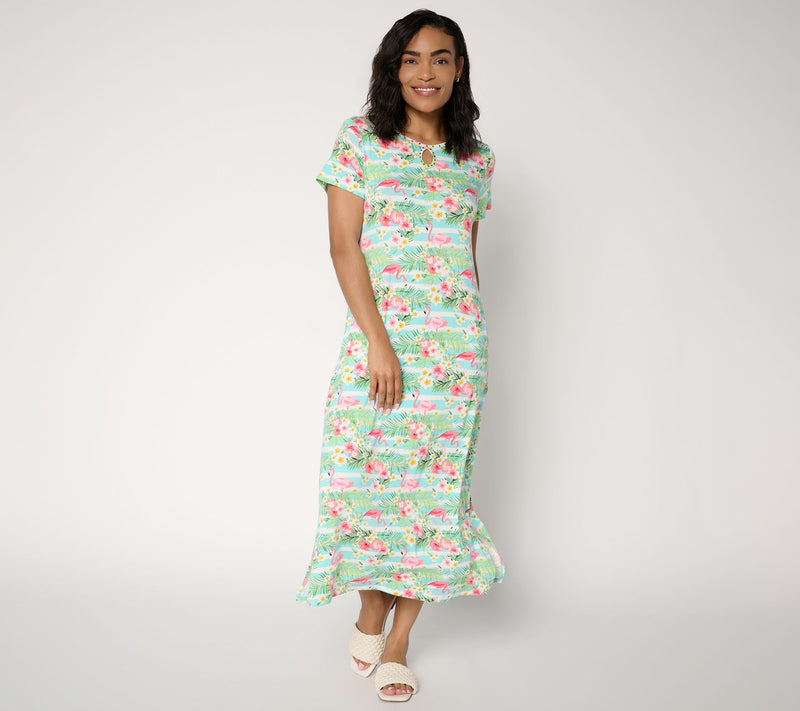 Quacker Factory Pink Flamingos Rhinestone Keyhole Printed Maxi Dress — View 10