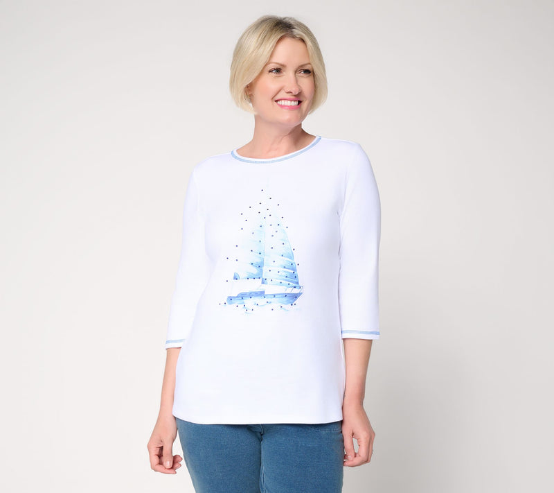 Quacker Factory Smooth Sailing Watercolor Print 3/4 Sleeve Top — View 14