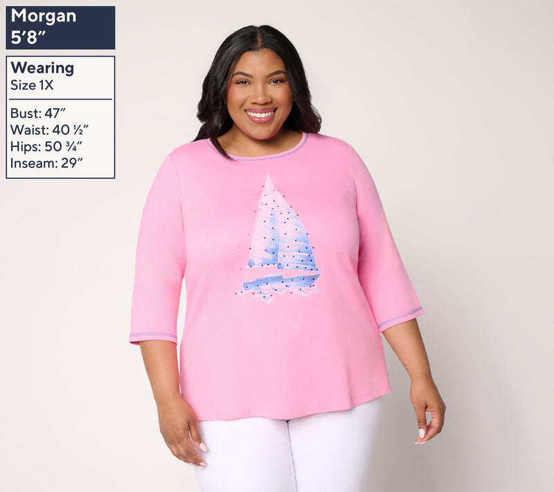 Quacker Factory Smooth Sailing Watercolor Print 3/4 Sleeve Top — View 4