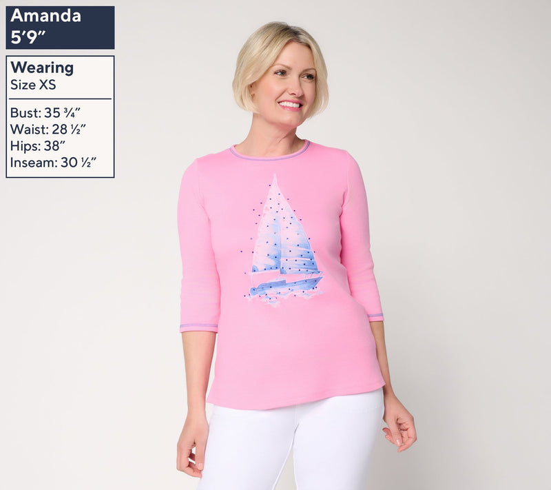 Quacker Factory Smooth Sailing Watercolor Print 3/4 Sleeve Top — View 5