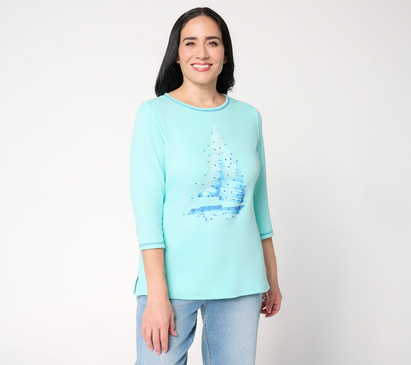 Quacker Factory Smooth Sailing Watercolor Print 3/4 Sleeve Top — View 3