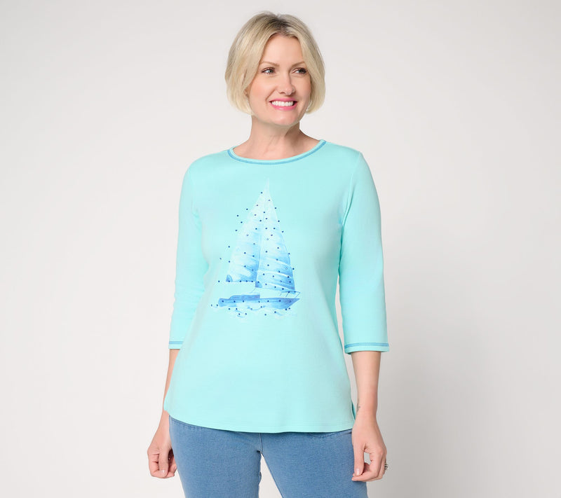 Quacker Factory Smooth Sailing Watercolor Print 3/4 Sleeve Top — View 15