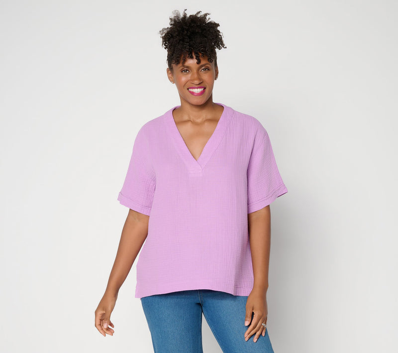 Susan Graver Regular Cotton Gauze Pullover Top — View 7