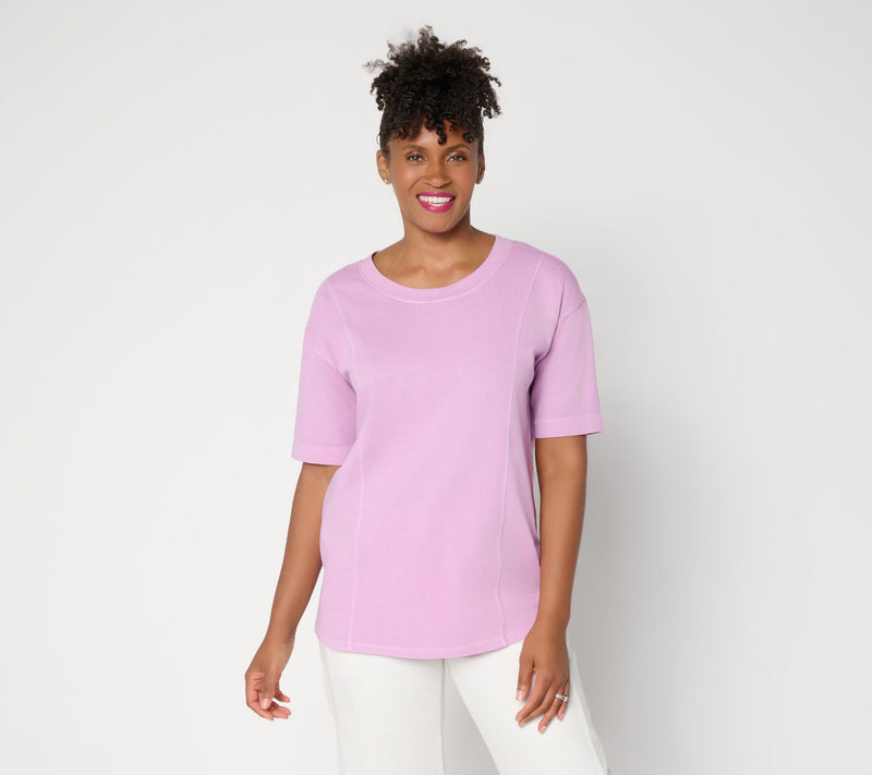 LOGO by Lori Goldstein Everyday Cotton Elbow Sleeve Seamed Top — View 9