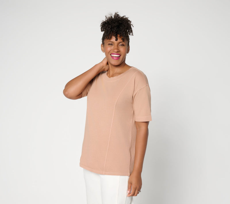 LOGO by Lori Goldstein Everyday Cotton Elbow Sleeve Seamed Top — View 11