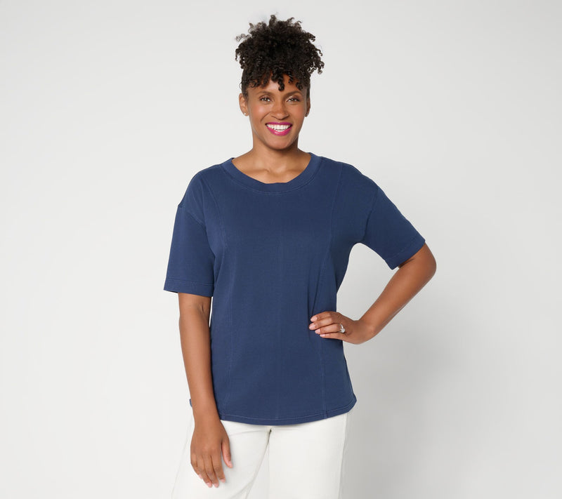 LOGO by Lori Goldstein Everyday Cotton Elbow Sleeve Seamed Top — View 5