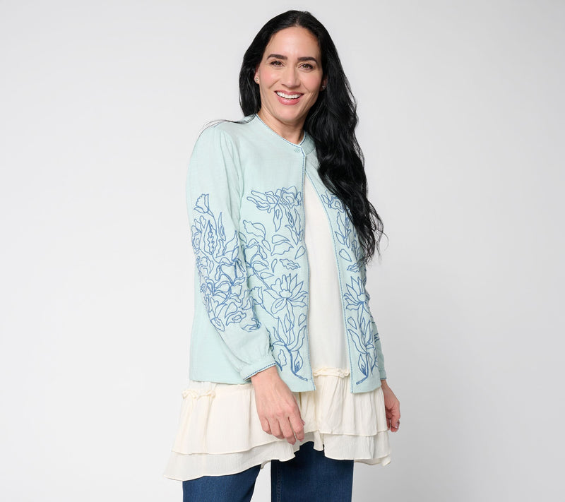 LOGO Lavish by Lori Goldstein 100% Cotton Embroidered Cardigan — View 9