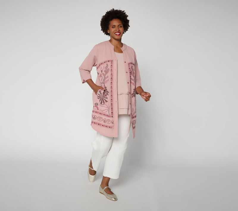 LOGO Lavish by Lori Goldstein Reg 3/4 Sleeve Embroidered Duster — View 8