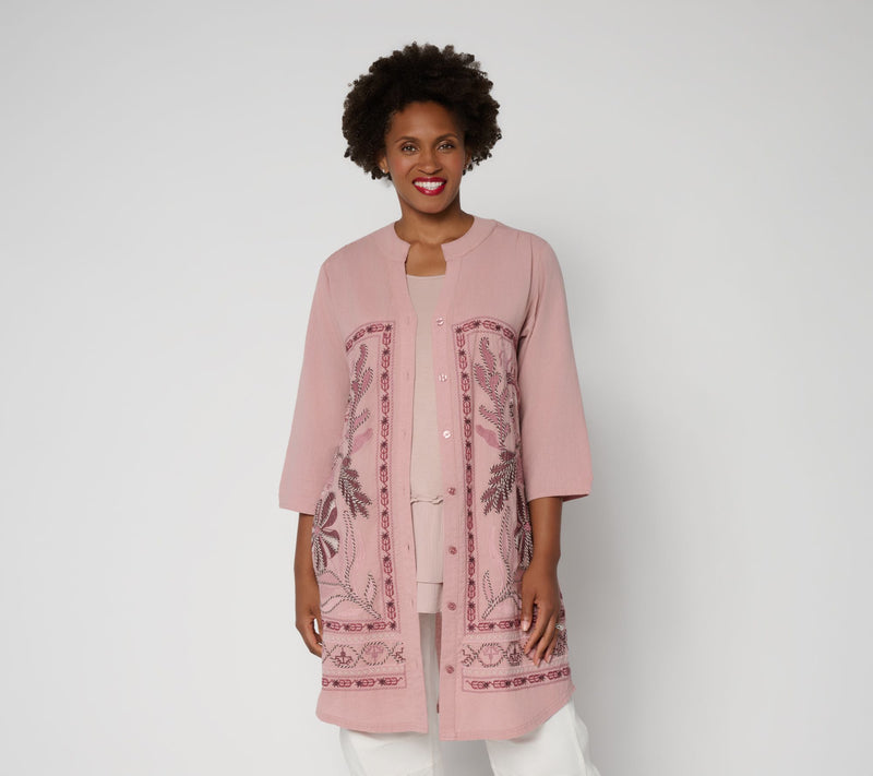 LOGO Lavish by Lori Goldstein Reg 3/4 Sleeve Embroidered Duster — View 4
