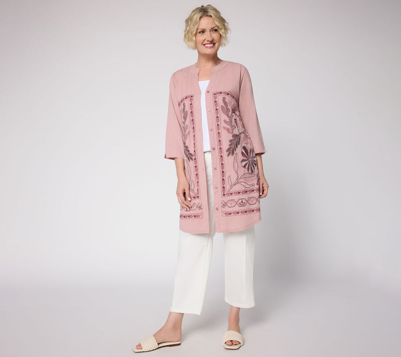 LOGO Lavish by Lori Goldstein Pet 3/4 Sleeve Embroidered Duster — View 8