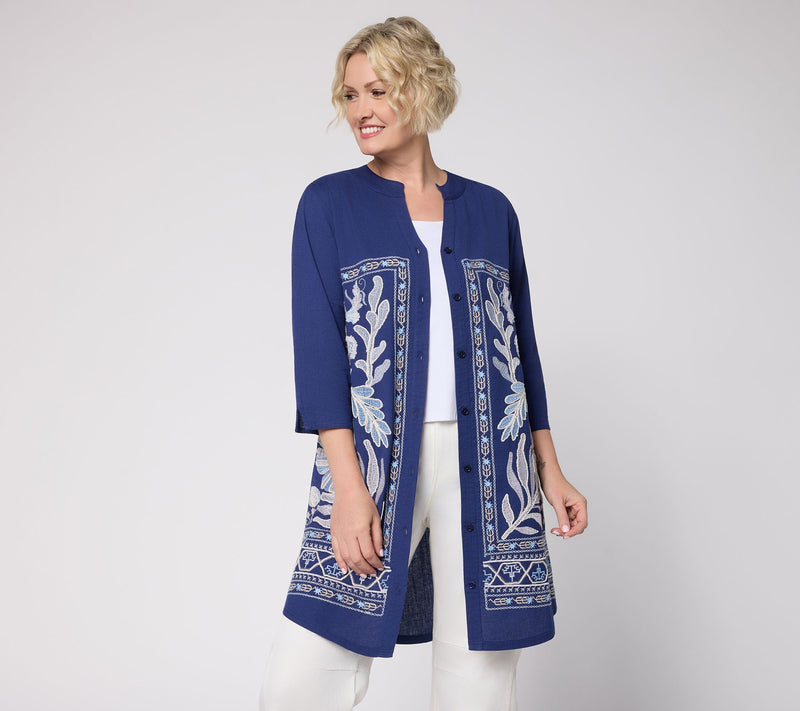 LOGO Lavish by Lori Goldstein Pet 3/4 Sleeve Embroidered Duster — View 3