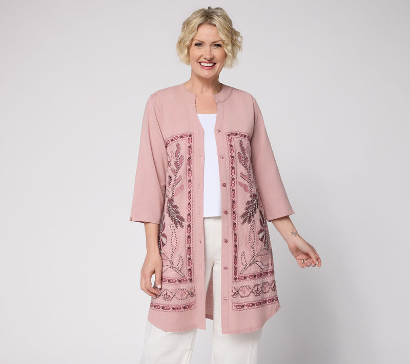 LOGO Lavish by Lori Goldstein Pet 3/4 Sleeve Embroidered Duster — View 4