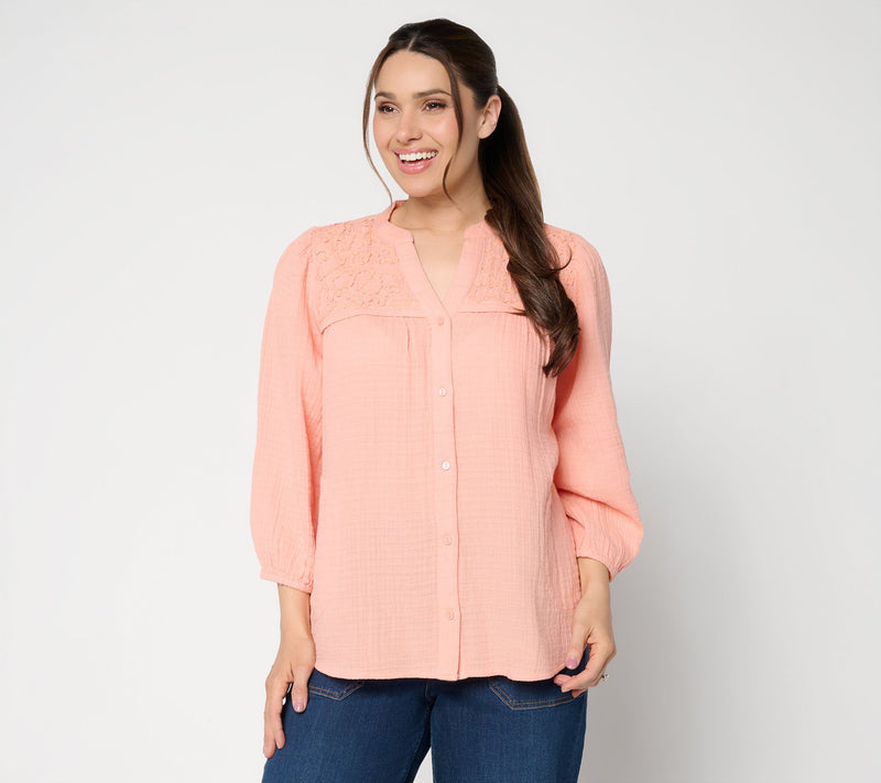 LOGO by Lori Goldstein 100% Cotton Button Front Woven Blouse — View 11