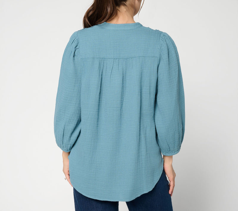 LOGO by Lori Goldstein 100% Cotton Button Front Woven Blouse — View 6